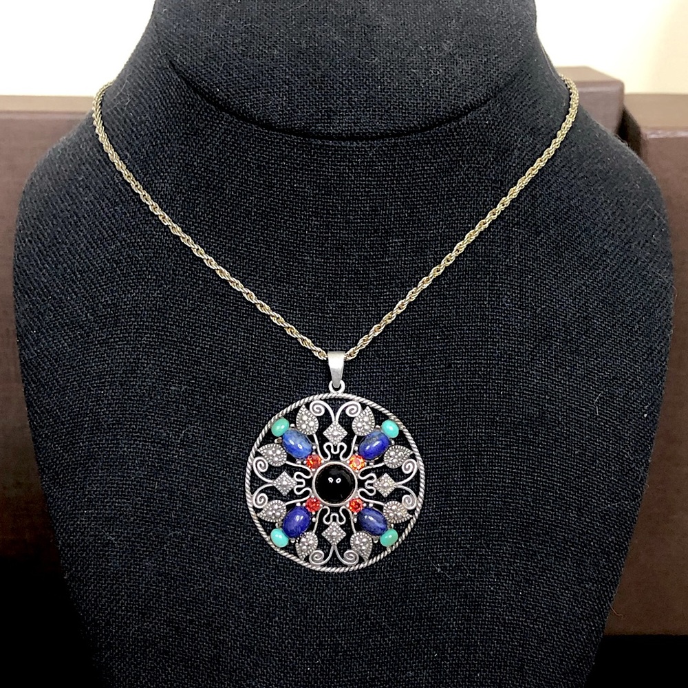 Sterling Silver Turquoise Garnet Onyx Lapis Marcasite Pendant and Rope Necklace